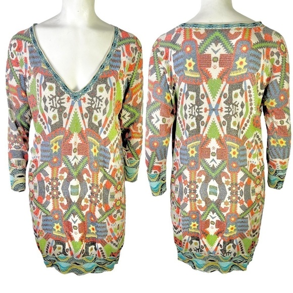 CUSTO BARCELONA MULTICOLOUR AZTEC  BODYCON DROP SHOULDER BELT DRESS LARGE - Picture 14 of 14